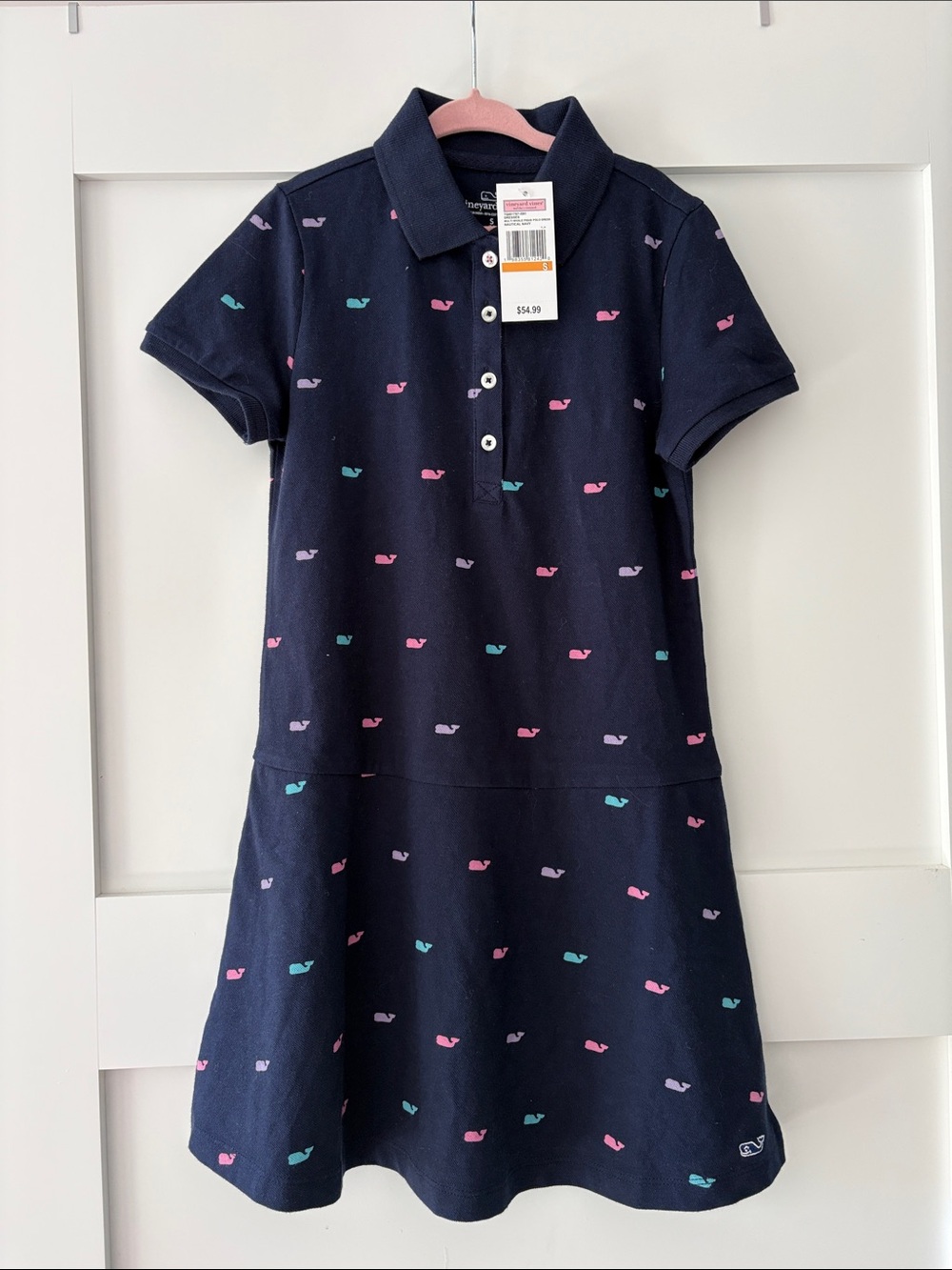 Vineyard Vines Navy Polo Dress with Pink & Teal Whale Motif